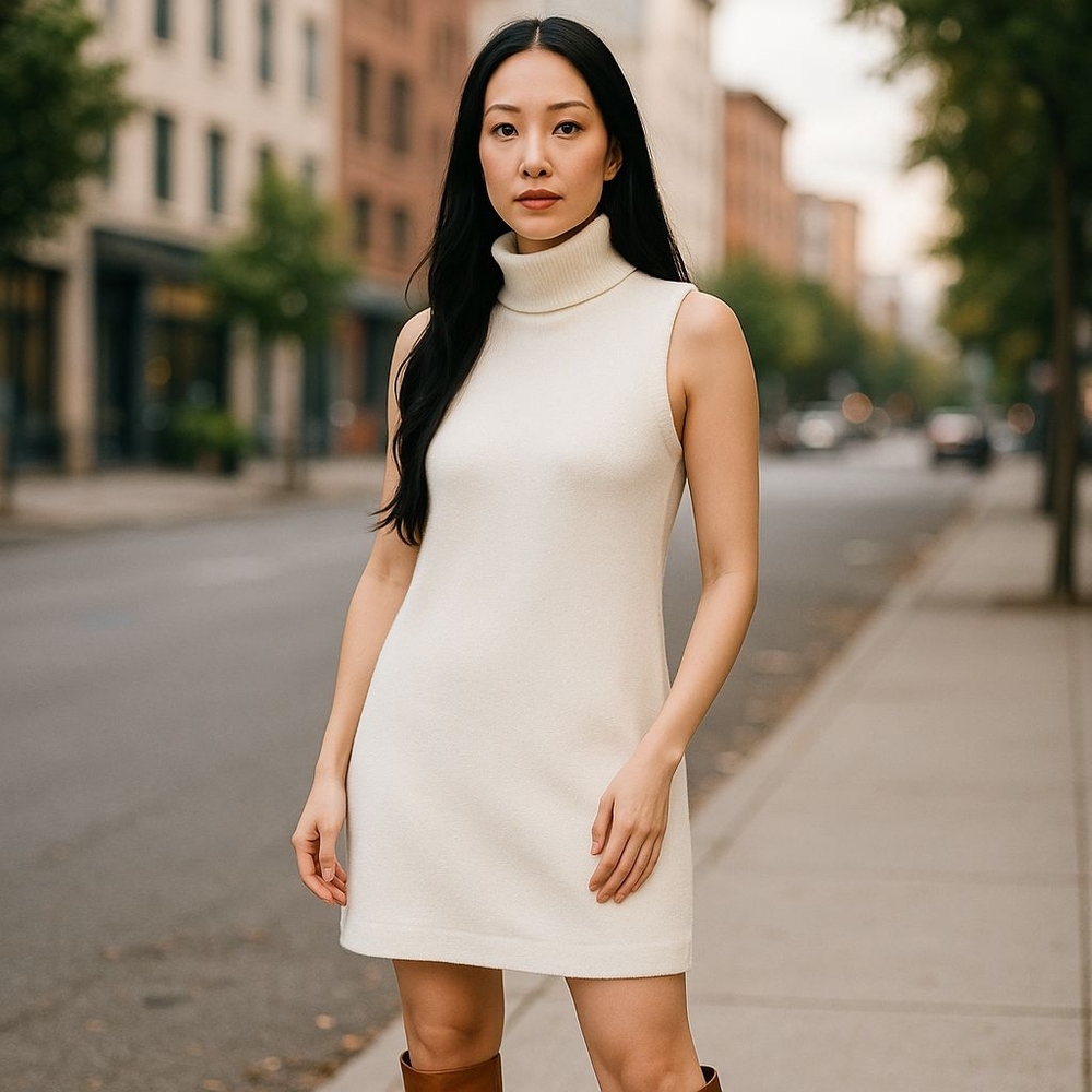 Halogen Beige Sleeveless Turtleneck Dress